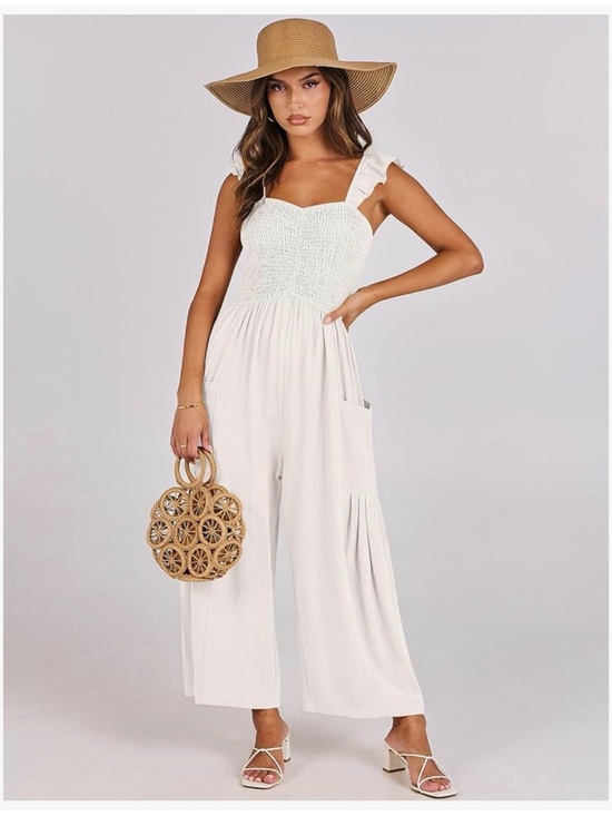 Pants - Smocked Wide-Leg Jumpsuit in Cream